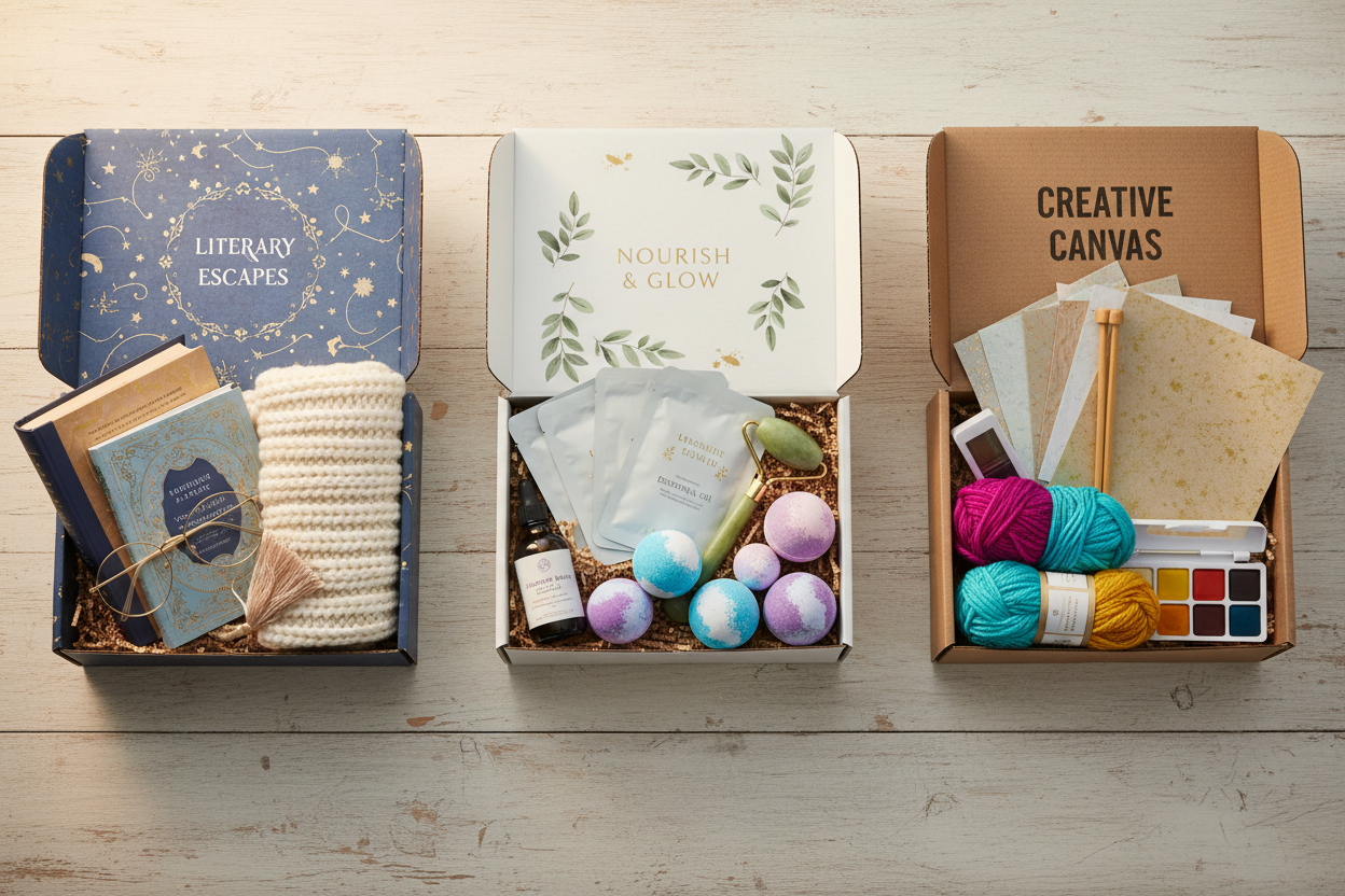 boxes of themed items like books, self-care, crafting
